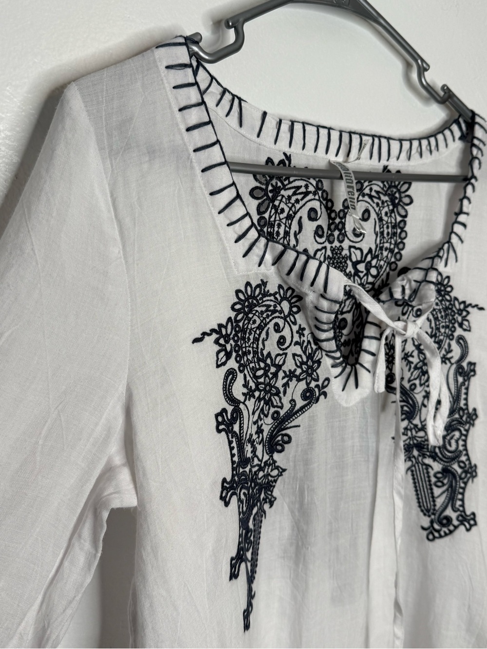 Monoreno Embroidered Linen Tunic Dress White Navy Boho Western Medium - Picture 6 of 12